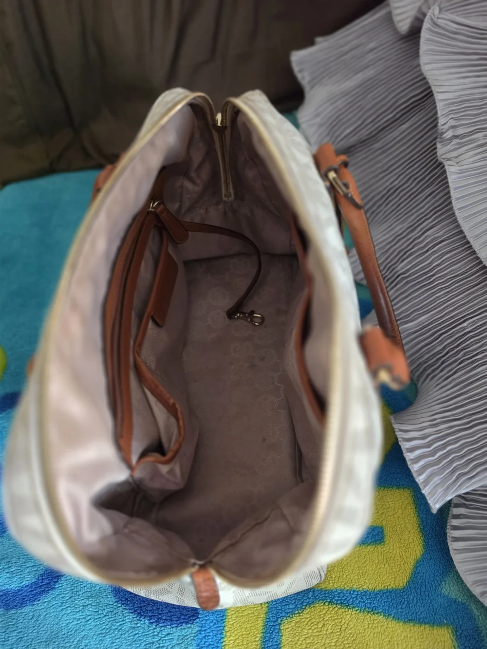 Michael Kors White and Brown Signature Satchel
